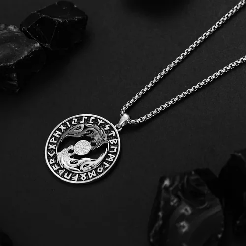Vista 6 de Collar vikingo para hombre, plata de ley 925, lobo vikingo, martillo de Thors, vegvisir, árbol de la vida, brújula, colgante nórdico, amuleto