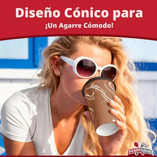 Vista 4 de Avant Grub Paquete de 100 tazas de café de papel de grado restaurante de 12 onzas con tapas de cúpula reciclables. Vasos desechables duraderos sin