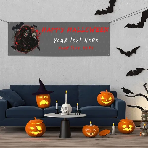 Vista 10 de Cartel personalizado de Feliz Halloween para fiesta, añade tu texto en la pancarta, decoraciones de Halloween personalizadas para interiores