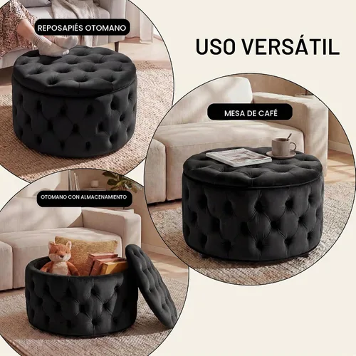 Vista 6 de Homebeez Otomana de Almacenamiento Redonda de Terciopelo de 28 Pulgadas, Taburete Reposapiés con Capitoné de Botones Mesa de Centro para Sala
