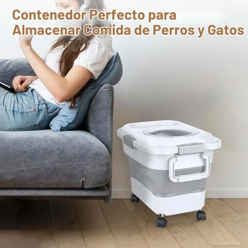 Vista 7 de Contenedor de almacenamiento de alimentos para perros, 10 a 20 libras, hermético, plegable, con ruedas acoplables, asa portátil, cuchara de comida