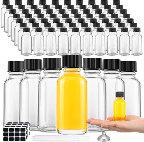Vista 8 de Hsei Botella de vidrio de 1 oz con tapa negra, botella redonda Boston transparente para muestras, recipientes de vidrio pequeños con tapas y embudo