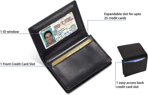 Vista 5 de Cartera de piel expandible para tarjetas de visita con bloqueo RFID para hombre, Marrón, Cartera de cuero para tarjetas