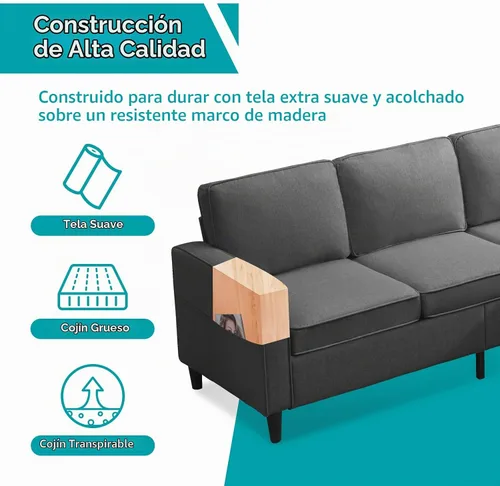 Vista 3 de BALUS Sofás seccionales de 78 pulgadas de ancho para sala de estar, sofá de tela de lino con otomana de almacenamiento, sofá de 3 plazas con Gris