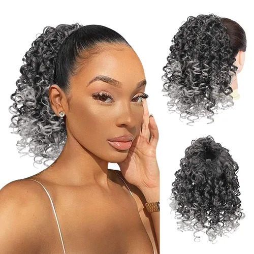 Vista 8 de PEACOCO Extensión de cola de caballo rizada con cordón para mujeres negras - Cola de caballo de 6 pulgadas con clip, postizo sintético de afro corto