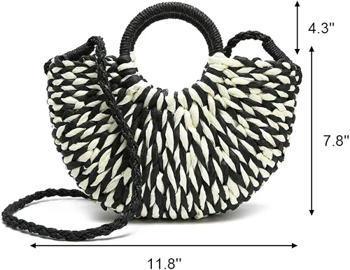 Vista 2 de QTKJ Bolso de mano de paja retro de verano para mujer tejido a mano bolso de hombro bohemio bolso cruzado con asa redonda negro Colorido negro 118x