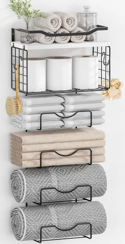 Vista 11 de Toalleros para baño, toallero montado en la pared, soporte para toallas de 6 niveles enrolladas o dobladas con estantes flotantes, portotoallas