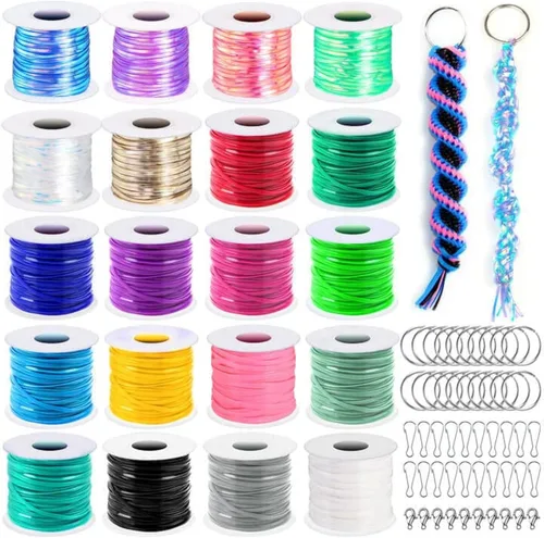 Vista 8 de Kit de cuerda de cordón, Cridoz 15 rollos de cuerda de gimp de cordón de plástico con 50 piezas de ganchos de clip a presión, llaveros y cierres