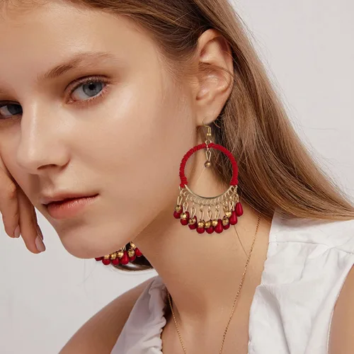 Vista 2 de Pendientes colgantes de gota hechos a mano, creativos, coloridos, bohemios, con cuentas étnicas gitanas, aretes de borla para mujer