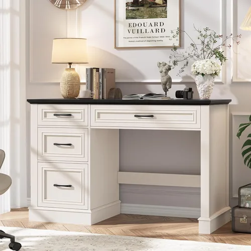 Vista 3 de Vabches Escritorio ejecutivo Farmhouse de 47 pulgadas con 3 cajones y cajón de archivos ajustable, escritorio de computadora para oficina en casa