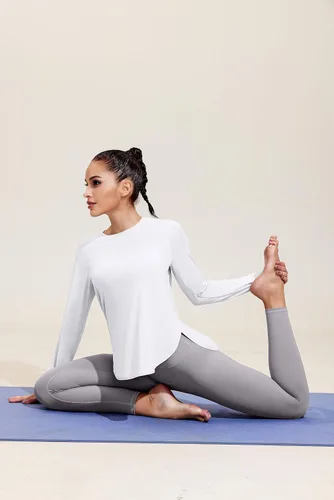 Vista 2 de Pinspark Camisetas de entrenamiento de manga larga para mujer, absorben la humedad, camisetas de yoga para senderismo, atléticas, ajuste holgado