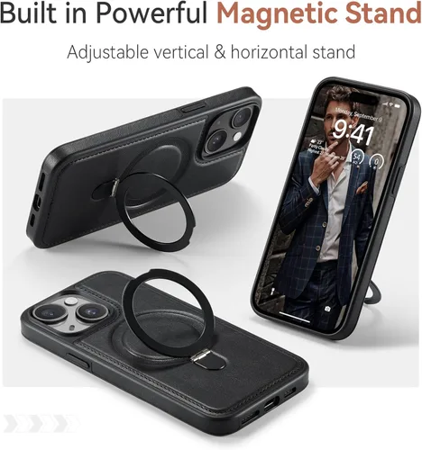 Vista 3 de Funda para iPhone 13 con soporte compatible con Magsafe, color negro Magnetic Kickstand, with Tempered Glass Screen Protector, Durable PU Leather