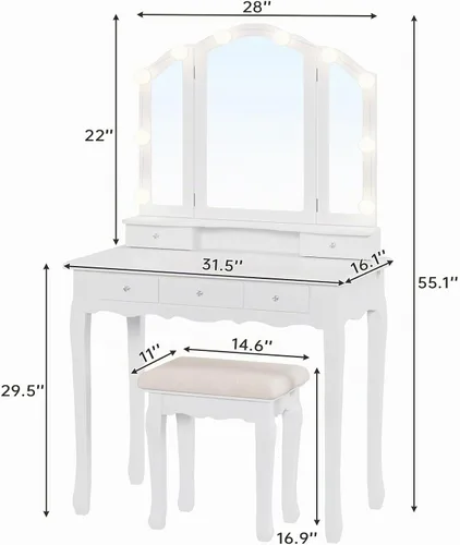 Vista 6 de Tiptiper Juego de mesa de tocador con espejo plegable triple iluminado, tocador de maquillaje con luces y 3 modos de iluminación