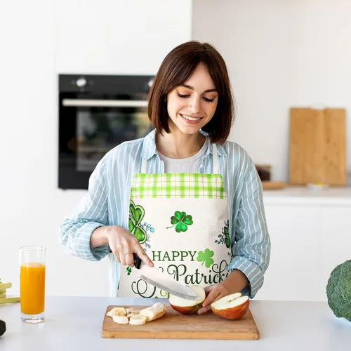Vista 4 de Whaline Delantales del día de San Patricio, delantales de cocina ajustables con trébol de acuarela, delantales de cocina de trébol verde