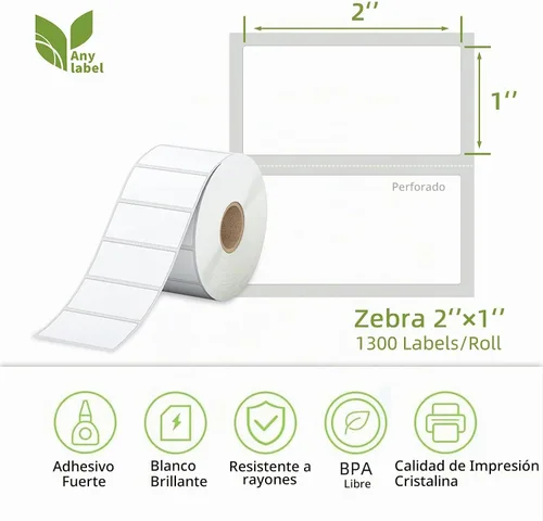 Vista 2 de Etiqueta térmica directa de 2 x 1 pulgadas, papel para códigos de barras, franqueo, dirección, perforada y compatible con impresoras Rollo, Zebra