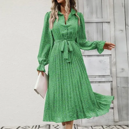 Vista 2 de Vestido floral midi de otoño de manga larga suave con lazo en la cintura, lindo vestido casual con solapa camisa plisada vestido 2023 vestidos