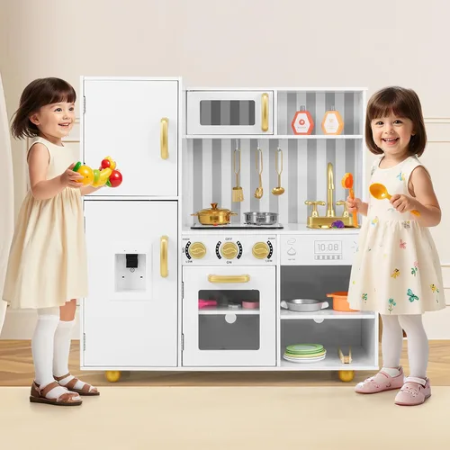 Vista 2 de INFANS Juego de cocina para niños, juego de cocina de madera con luz y sonido realistas, estufa, fregadero, microondas, armario de almacenamiento
