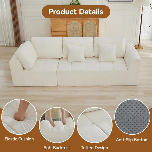 Vista 5 de Sofás seccionales modulares de 110 pulgadas para sala de estar, sofá seccional comprimido sin hueso, sofá de espuma viscoelástica tapizado de 3 Beige