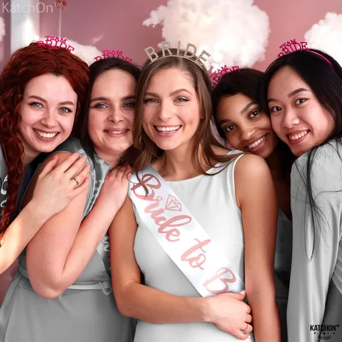 Vista 6 de KatchOn, Corona de novia de oro rosa y banda para la novia – Paquete de 2 Banda y diadema para novia Corona de novia para despedida de soltera