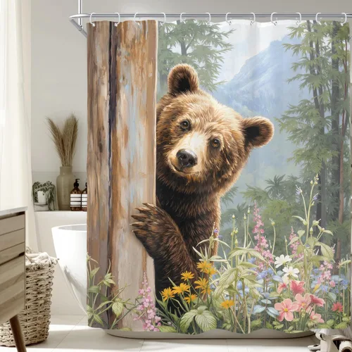 Vista 7 de Riyidecor Funny Brown Bear Shower Curtain for Bathroom Decor 60Wx72H Rustic Wooden Board Plank Animal Humorous Farmhouse Mountain Tree Art Printed