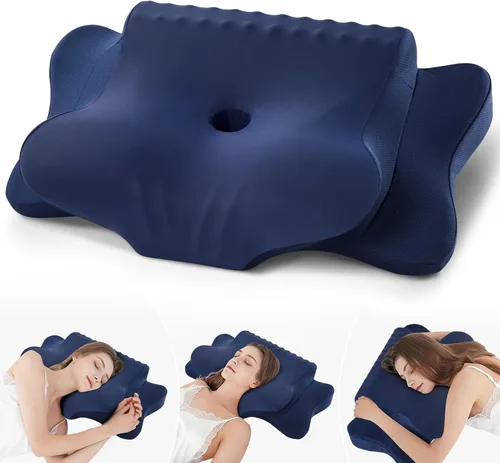 Vista 15 de Almohada cervical de espuma viscoelástica para cuello y hombros, almohada cervical de contorno ergonómico para dormir con 2 alturas, almohadas