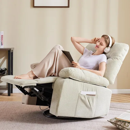 Vista 2 de DUMOS Rocker - Silla reclinable giratoria con masaje por vibración y calefacción lumbar, sillón reclinable de tela de felpilla giratoria de 270°