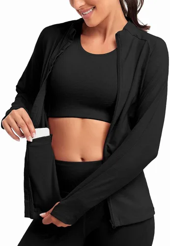 Vista 3 de Chaqueta deportiva ligera con cremallera completa para mujer, con bolsillo para entrenamiento, yoga, senderismo, con agujeros para el pulgar