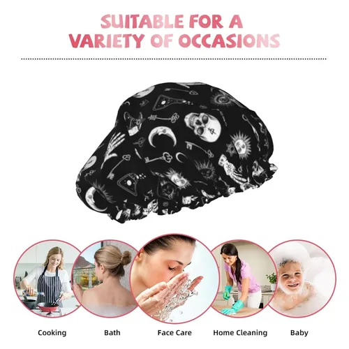 Vista 9 de Gorro de ducha gótico, cuervo, cuervo, calavera, luna, estrella, gótico, gorra de baño diseñada para mujeres, impermeable, doble capa