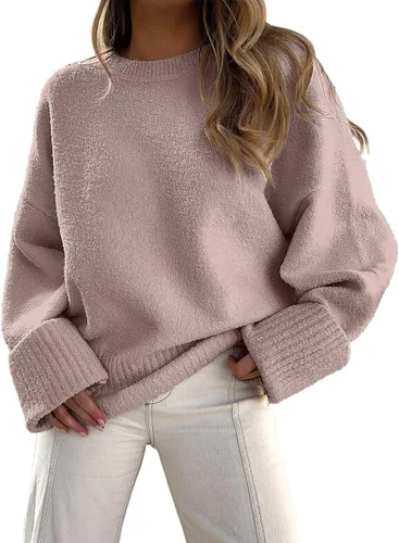 Vista 121 de LOGENE Suéter de gran tamaño para mujer, cuello redondo, manga larga, suave, mullido, suéter de punto 2025 para otoño e invierno