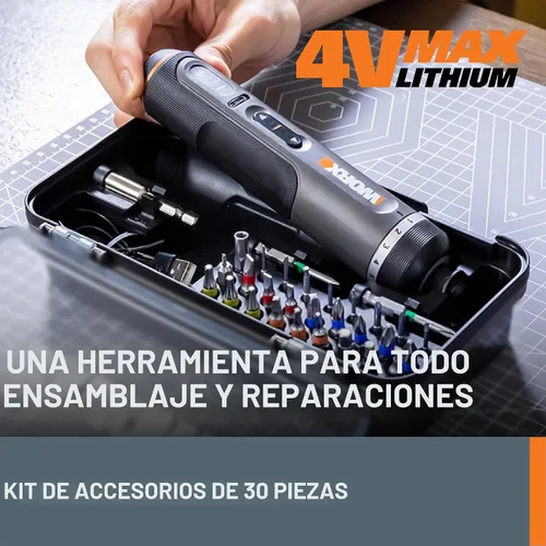 Vista 2 de WORX Destornillador de litio 4V Kit de accesorios de 30 piezas WX242L Cordless Driver with Rechargeable Battery, Black/Silver, for Home DIY