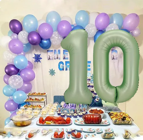 Vista 3 de Globos de números verde salvia para decoración de fiesta de cumpleaños de 40 pulgadas, globo grande del número 0