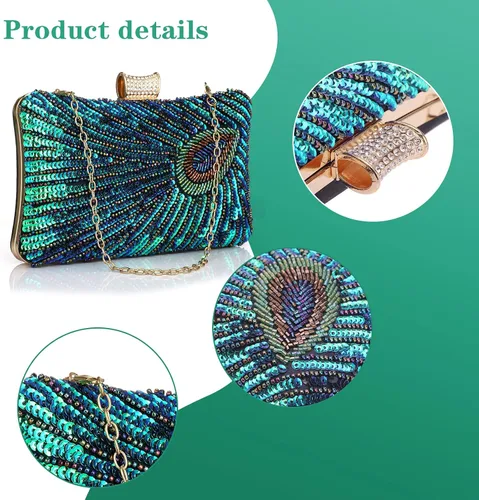 Vista 4 de BWKUNOLF Bolsos de mano de lentejuelas con cuentas de pavo real para fiesta y boda