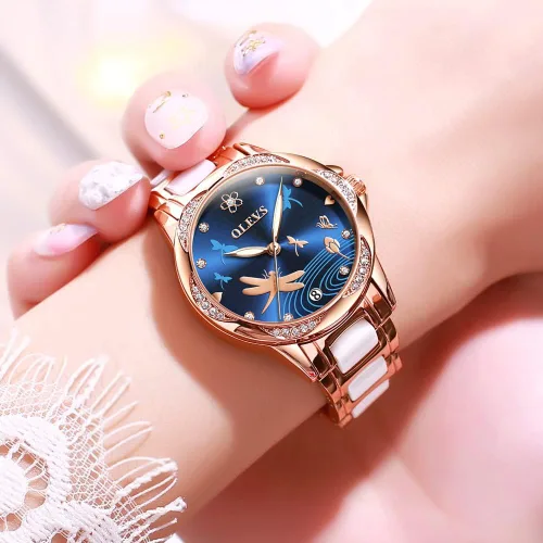 Vista 2 de OLEVS Relojes para mujer, de cuerda automática, oro rosa, diamante, reloj de pulsera mecánico automático, acero inoxidable, dos tonos, pulsera