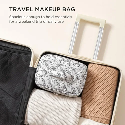 Vista 6 de HBselect Bolsa de Maquillaje Acolchada, Bolsa de Maquillaje Grande de Algodón para Viaje, Lindas Bolsas de Maquillaje con Flores Coquette, Bolsas