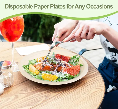 Vista 5 de Platos de papel de 10 pulgadas, paquete de 50 platos desechables compostables, respetuosos con el medio ambiente, reciclados, resistentes, marrones
