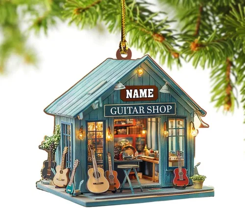 Vista 11 de Adorno de guitarra personalizado 2025, adorno de Navidad de guitarra acústica con nombre personalizado, regalo para guitarristas y amantes
