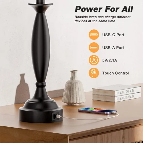 Vista 3 de Juego de 2 lámparas grises para dormitorio, lámpara de noche con control táctil con USB C+A, lámparas de mesita de noche regulables de 3 vías