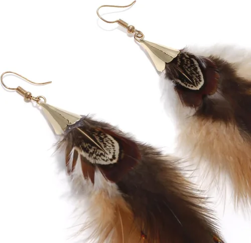 Vista 3 de Aretes largos bohemios de plumas para mujer, hechos a mano, joyería de borla colgante natural