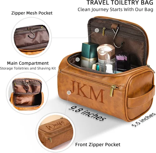 Vista 2 de Xpanrous Neceser personalizado para hombre – Kit de piel sintética grabada con nombre o iniciales personalizados, bolsa de afeitar de viaje hecha a