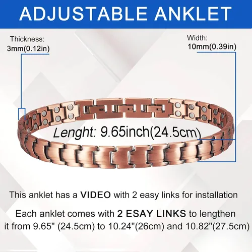 Vista 6 de MagVIVACE Tobillera de cobre puro para hombre, pulsera de tobillo magnética de 10 pulgadas con imanes, regalo de joyería (tobillera para hombre)