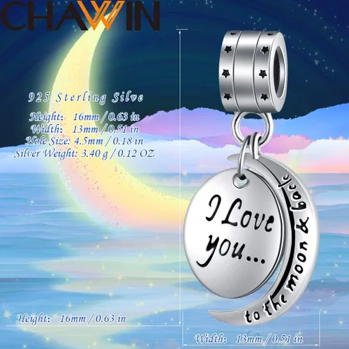 Vista 6 de Colgante de plata de ley 925 con texto en inglés "I Love You To the Moon and Back" para mamá, mujeres y niñas, Acero inoxidable, Circonita Cúbica