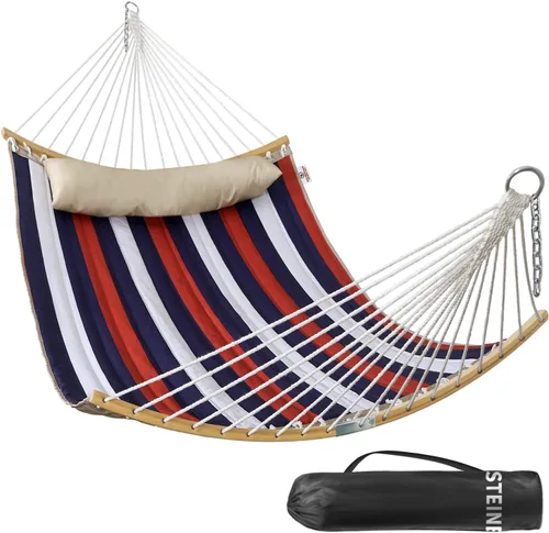 Vista 12 de Hamaca doble, hamaca de tela acolchada de 11 pies para 2 personas para exteriores con almohada, barra separadora curvada plegable, cadenas, bolsa