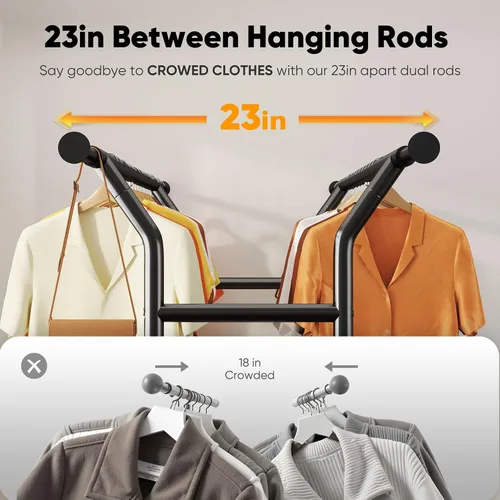 Vista 6 de HOKEEPER Perchero resistente con carga de 635 libras, perchero para colgar ropa, barra doble ajustable negra con cesta de metal, perchero portátil