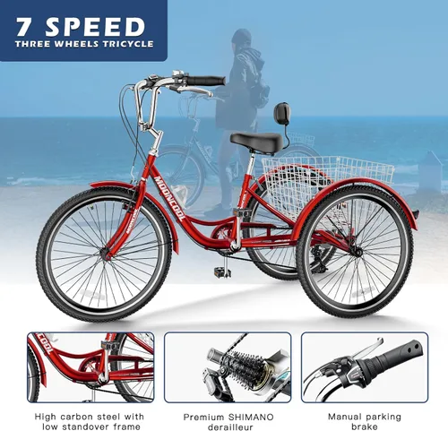 Vista 3 de Triciclos para adultos de 7 velocidades, bicicletas de 3 ruedas de 24/26 pulgadas, bicicletas de tres ruedas de crucero con canasta grande