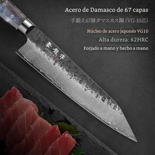 Vista 3 de Cuchillo de chef japonés Kiritsuke de 8.27 pulgadas con núcleo VG10, cuchillo profesional de Damasco forjado a mano de 67 capas con mango