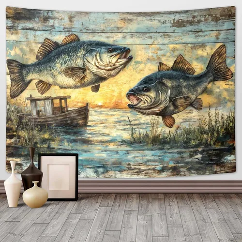 Vista 16 de DYNH Tapiz de pesca de oso negro, para colgar en la pared de cabaña de lago y puesta de sol, paisaje, naturaleza, bosque, tapiz para dormitorio