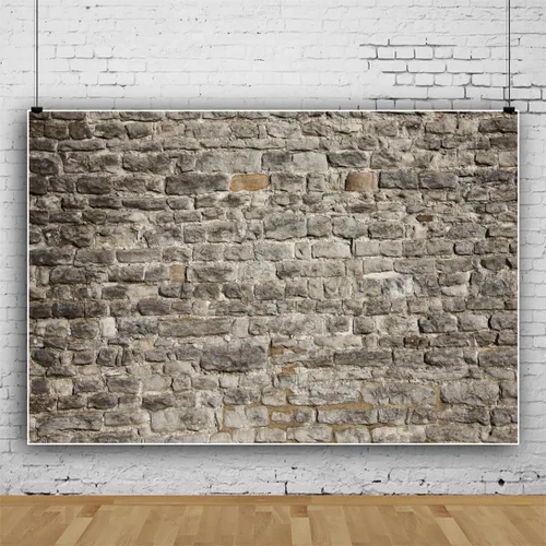 Vista 2 de Laeacco Telón de fondo de pared de ladrillo de poliéster de 5 x 3 pies, diseño vintage de ladrillo de piedra gris, ladrillo rústico, recién nacido