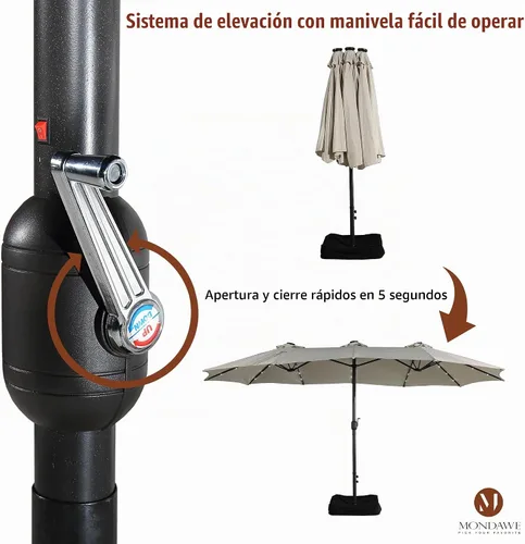 Vista 5 de MONDAWE Paraguas de patio de 15 pies con luces solares (base incluida) sombrilla grande de doble cara de aluminio rectangular de aluminio para mesa