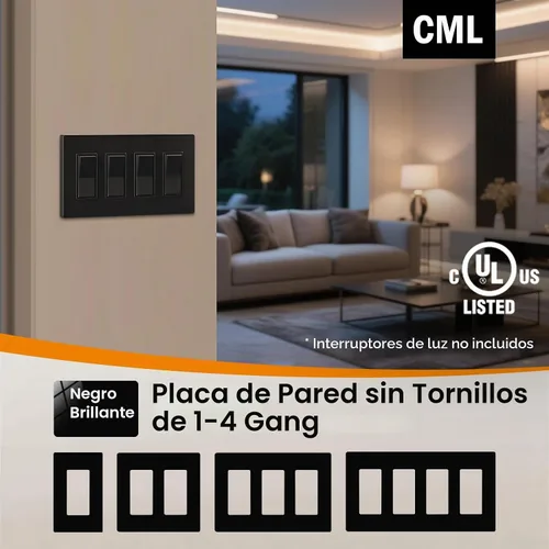 Vista 8 de CML Placa de Pared Decorativa Negra de 4 Posiciones Sin Tornillos, Paquete de 4 Placas de Interruptor de Luz y Cubierta Frontal para Receptáculo