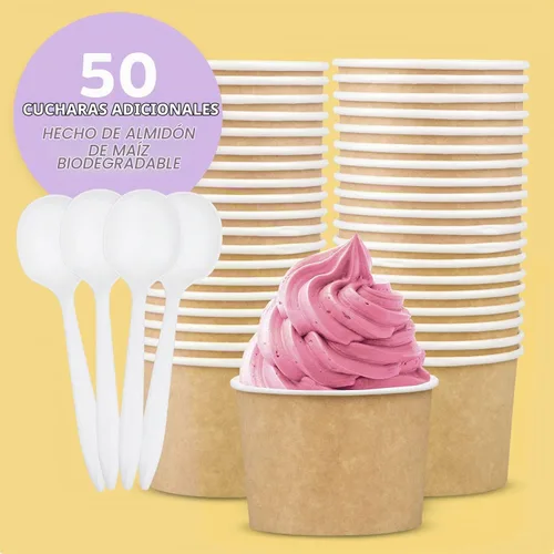 Vista 6 de Promora Tazas de helado de papel desechables de 12 onzas, 50 unidades + cucharas, cuencos para sopa caliente/postre con cucharas, perfectas